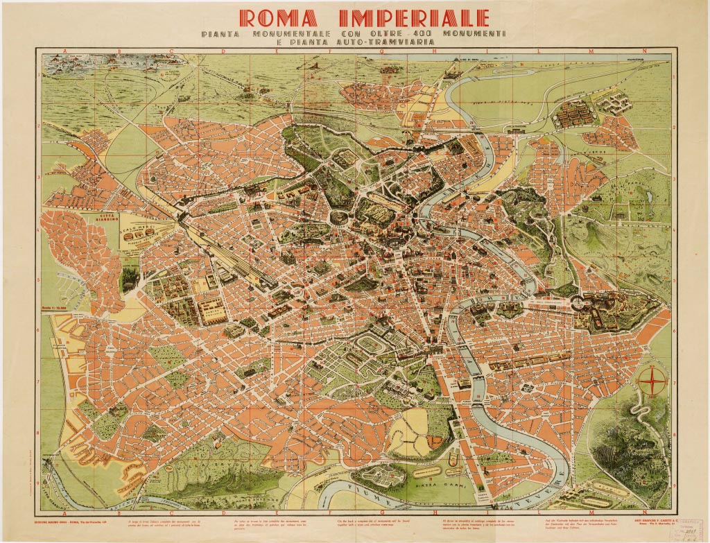 (N:13974) ROMA IMPERIALE - PIANTA MONUMENTALE CON OLTRE 400 MONUMENTI E PIANTA AUTO -TRAMVIARIA - Fronte e Retro (B0006644, B0006645, B0006646, B0006647, B6644-45, B6646-47) Carte e stampe antiche: riproduzione a colori su carta (formato A1)