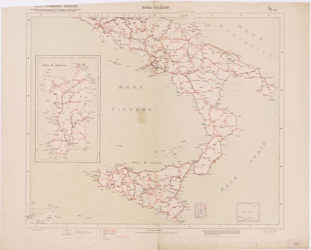 (N:5591) CARTA ITINERARIA SPECIALE D'ITALIA CON Tavola POLIOMETRICA - Foglio 2 - Roma-Palermo (B0008426, B0008427, B8426-27) Carte e stampe antiche: riproduzione a colori su carta (formato A1)