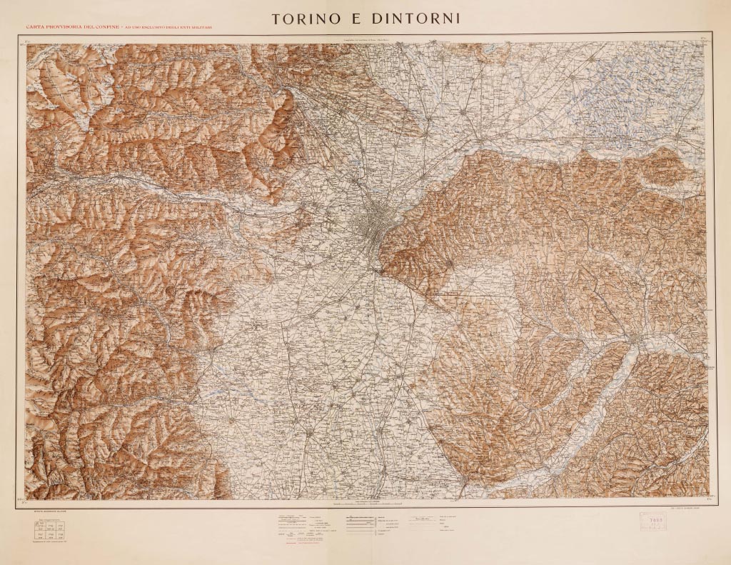 (N:12635) TORINO E DINTORNI CARTA PROVVISORIA DEL CONFINE, AD USO ESCLUSIVO DEGLI ENTI MILITARI (B0008512, B0008513, B8512-13) Carte e stampe antiche: riproduzione a colori su carta (formato A1)