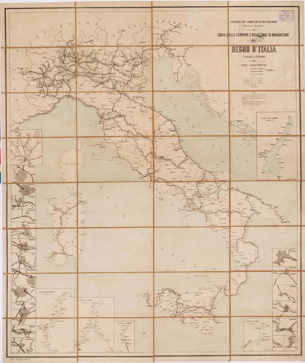(N:3796) CARTA DELLE FERROVIE E DELLE LINEE DI NAVIGAZIONE DEL REGNO D'ITALIA (B0008533, B0008534, B8533-34) Carte e stampe antiche: riproduzione a colori su carta (formato A1)