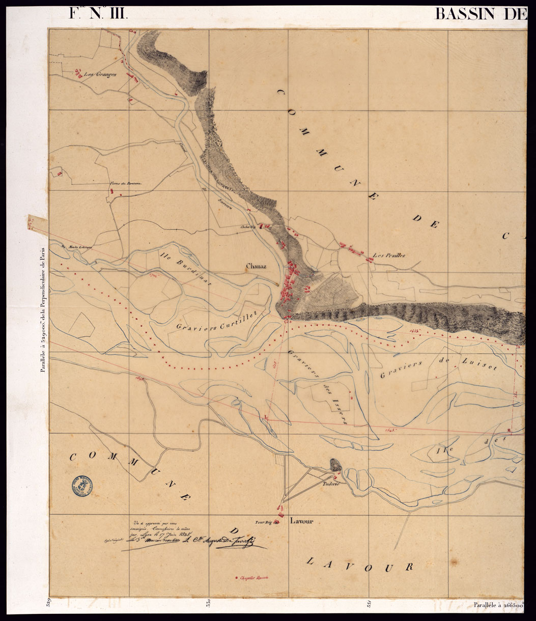 (N:6801) TABLEAU D'ASSEMBLAGE DE CARTE DES BASSINS INONDABLES DU RHONE ET DU GUIERS RELATIVE AUX LIGNES LATERALES LEVEE ET DESSINEE A' L'ECHELLE D'UN 5.000 ME PAR LES CAP. NES DU GENIE CIVIL MELANO ET BAGETTI - BASSIN DE CHANAZ FOGLIO III - PARTE 1. (CA000043) Carte e stampe antiche: riproduzione a colori su carta (formato A1)