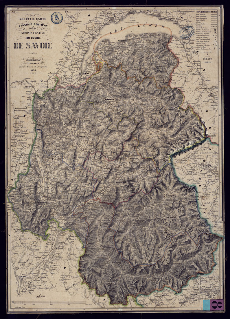 (N:12974) NOUVELLE CARTE PHYSIQUE, ROUTIERE ADMINISTRATIVE DU DUCHE' DE SAVOIE. CHAMBERY. J.h PERRIN, LIBRAIRE, EDITEUR ET LITHOGRAPHE 1856. (CA000064) Carte e stampe antiche: riproduzione a colori su carta (formato A1)