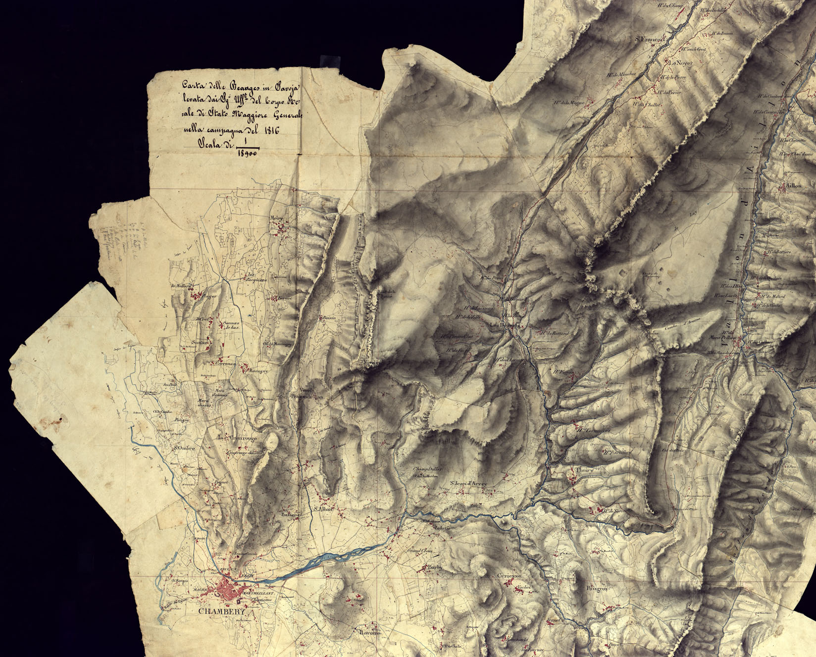 (N:6868) CARTA DELLE BEAUGES IN SAVOJA LEVATA DAL SIG.RI UFF.LI DEL CORPO REALE DI STATO MAGGIORE GENERALE NELLA CAMPAGNA DEL 1816 (CA000066, CA000067, CA000068, CA000069) Carte e stampe antiche: riproduzione a colori su carta (formato A1)