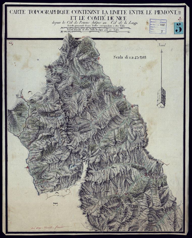 (N:4023) CARTE TOPOGRAPHIQUE CONTENANT LA LIMITE ENTRE LE PIEMONT ET LE COMTE' DE NICE DEPUIS LE COL DE POURIAC JUSQUE AU COL DE LA LONGA. (CA000334) Carte e stampe antiche: riproduzione a colori su carta (formato A1)