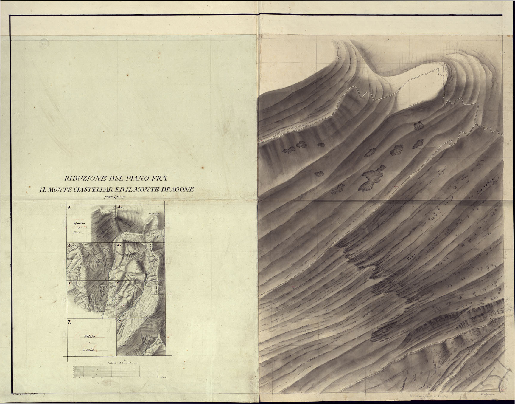 (N:12893) RIDUZIONE DEL PIANO FRA IL MONTE CIASTELLAR E IL MONTE DRAGONE PRESSO LEVENZO - FOGLIO 1 E QUADRO D'UNIONE. (CA000360) Carte e stampe antiche: riproduzione a colori su carta (formato A1)