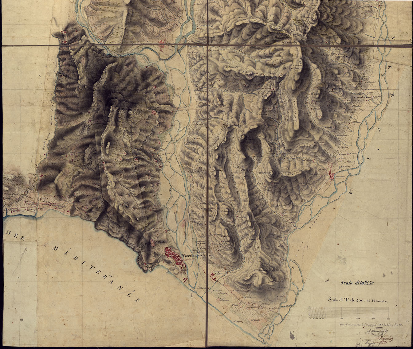 (N:6170) CARTE TOPOGRAPHIQUE D'UNE PARTIE DE LA LIGNE DE LA ROYA AVEC LES VERSANTS DE LA REVERA ET NERVIA DEPUIS LA PENNA JUSQU'A SON EMBOUCHURE DANS LA MER. (CA000397, CA000398, CA000399) Carte e stampe antiche: riproduzione a colori su carta (formato A1)