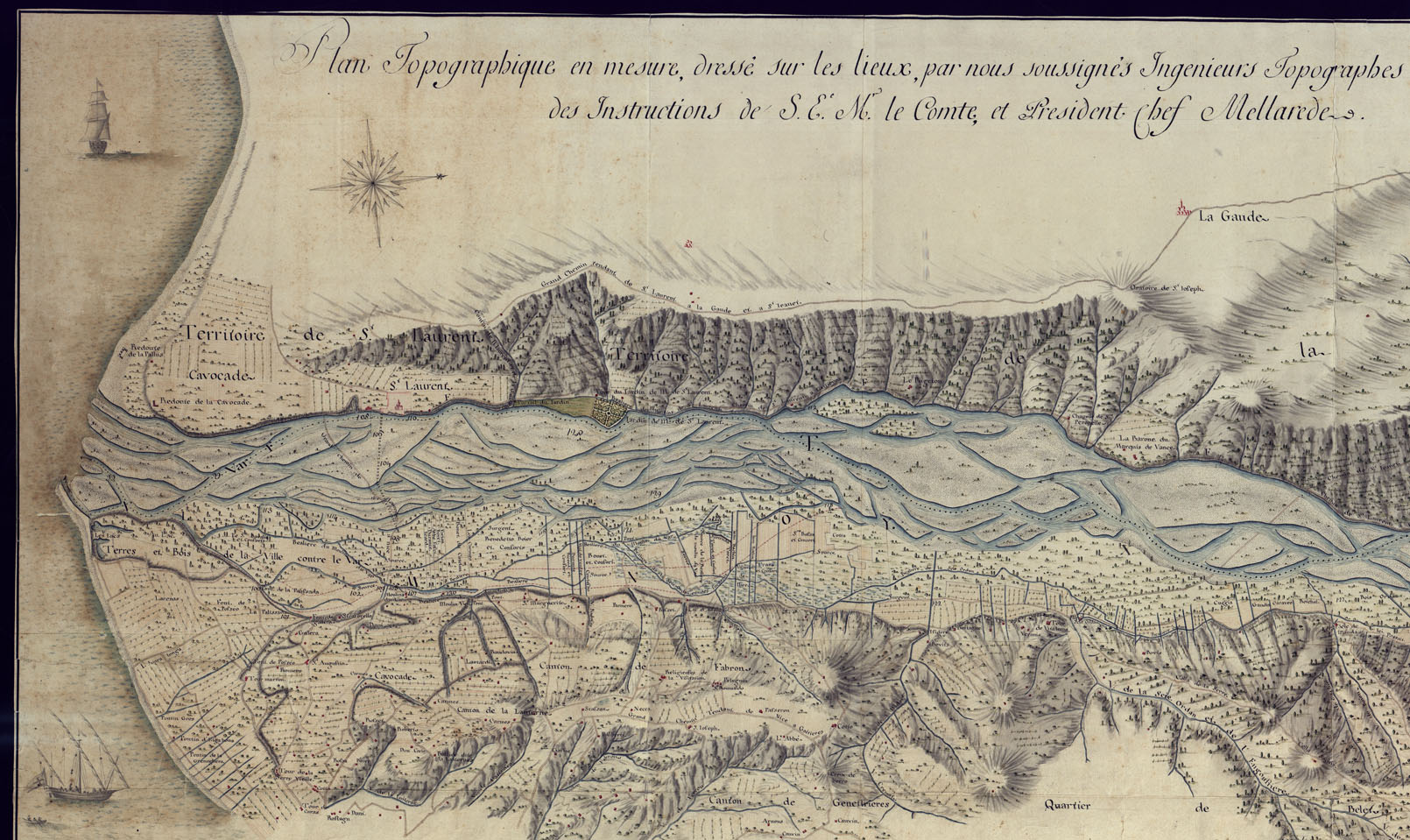 (N:13527) PLAN TOPOGRAPHIQUE EN MESURE, DRESSE SUR LES LIEUX PAR NOUS SOUSSIGNES INGENIEURS TOPOGRAPHES DU ROY, EN SUITTE  E DES INSTRUCTIONS DE S.E. E M. LE COMTE, ET PRESIDENT CHEF MELLAREDE. (CA000402, CA000403, CA000404, CA000405, CA000406, CA000407) Carte e stampe antiche: riproduzione a colori su carta (formato A1)