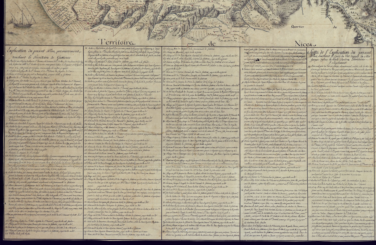 (N:13527) PLAN TOPOGRAPHIQUE EN MESURE, DRESSE SUR LES LIEUX PAR NOUS SOUSSIGNES INGENIEURS TOPOGRAPHES DU ROY, EN SUITTE  E DES INSTRUCTIONS DE S.E. E M. LE COMTE, ET PRESIDENT CHEF MELLAREDE. (CA000402, CA000403, CA000404, CA000405, CA000406, CA000407) Carte e stampe antiche: riproduzione a colori su carta (formato A1)