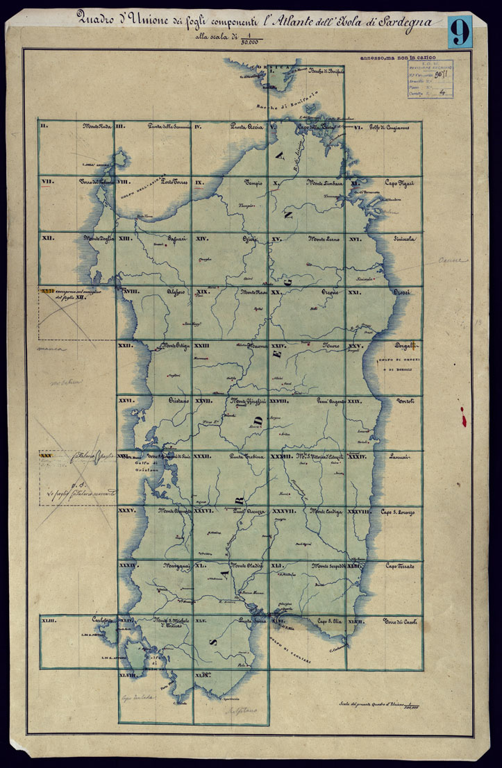 (N:5966) ATLANTE DELL'ISOLA DI SARDEGNA ALLA SCALA DI 1 AL 50.000 - QUADRO D'UNIONE A COLORI CON VELINA. (CA000414) Carte e stampe antiche: riproduzione a colori su carta (formato A1)