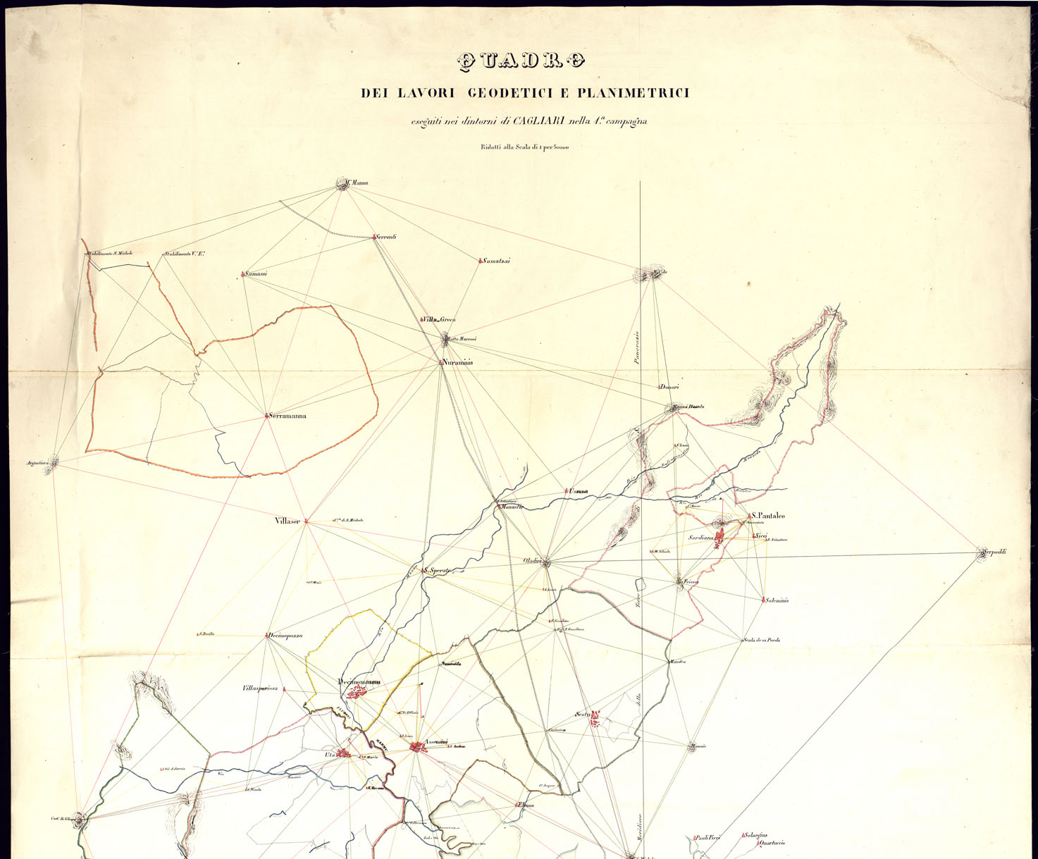 (N:5792) QUADRO DEI LAVORI GEODETICI E PLANIMETRICI ESEGUITI NEI DINTORNI DI CAGLIARI NELLA 1^ CAMPAGNA RIDOTTI ALLA CAMPAGNA ALLA SCALA DI 1 PER 50.000. (CA000476, CA000477) Carte e stampe antiche: riproduzione a colori su carta (formato A1)