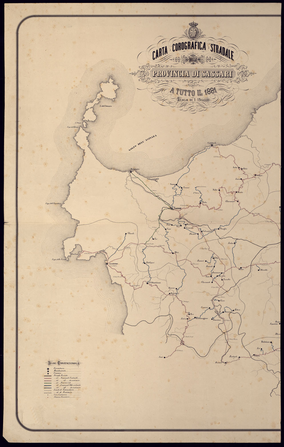 (N:5821) CARTA COROGRAFICA STRADALE DELLA PROVINCIA DI SASSARI A TUTTO IL 1881 SCALA DI 1: 150.000 - FOGLIO OVEST (CA000541) Carte e stampe antiche: riproduzione a colori su carta (formato A1)