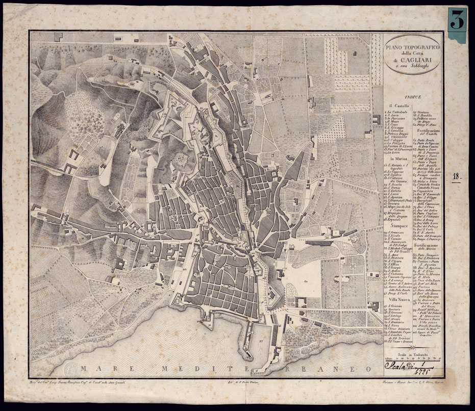 (N:5016) PIANO TOPOGRAFICO DELLA CITTA DI CAGLIARI E SUOI SOBBORGHI. (CA000545) Carte e stampe antiche: riproduzione a colori su carta (formato A1)