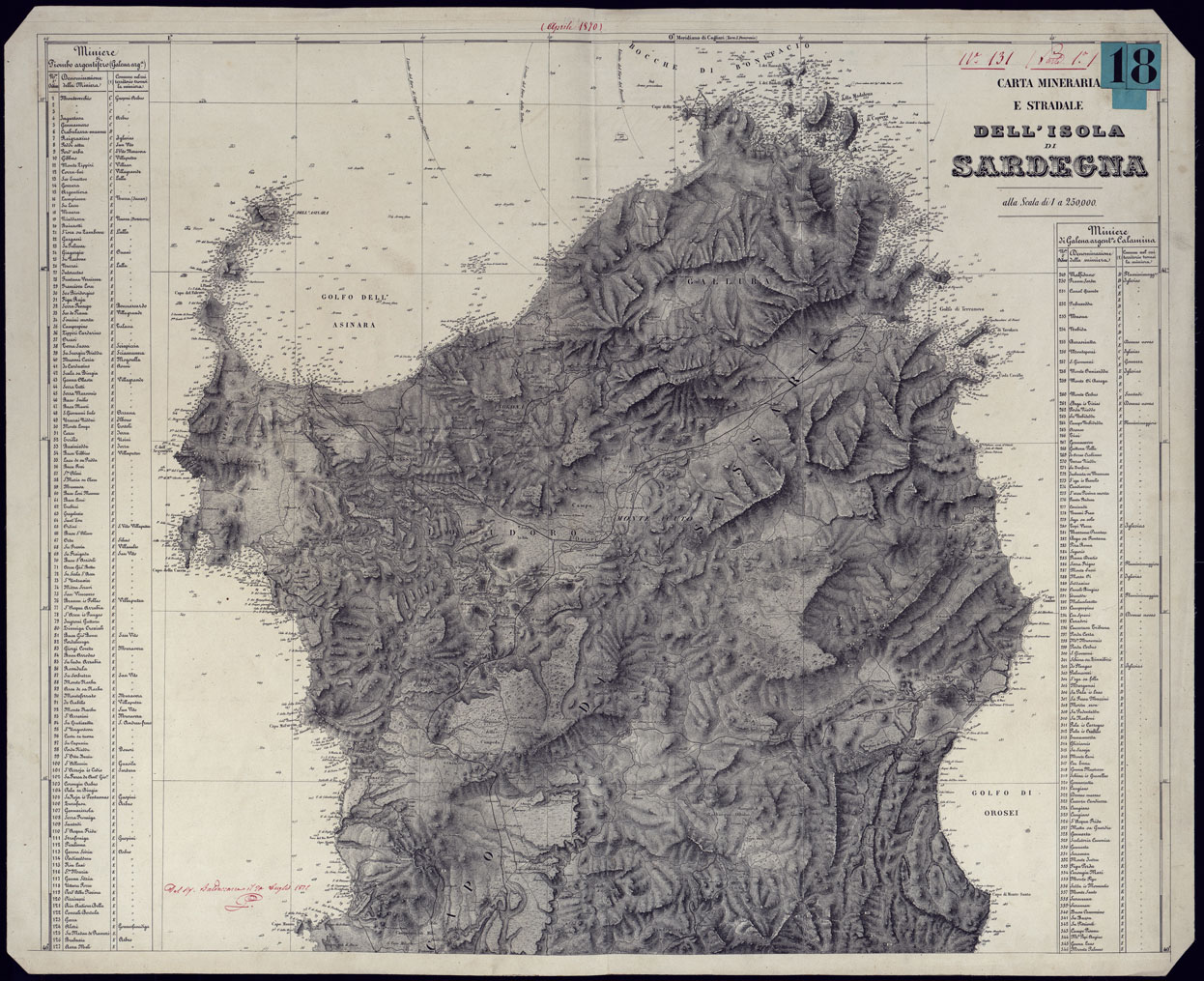 (N:23227) CARTA MINERARIA E STRADALE DELL'ISOLA DI SARDEGNA - FOGLIO NORD. (CA000688) Carte e stampe antiche: riproduzione a colori su carta (formato A1)