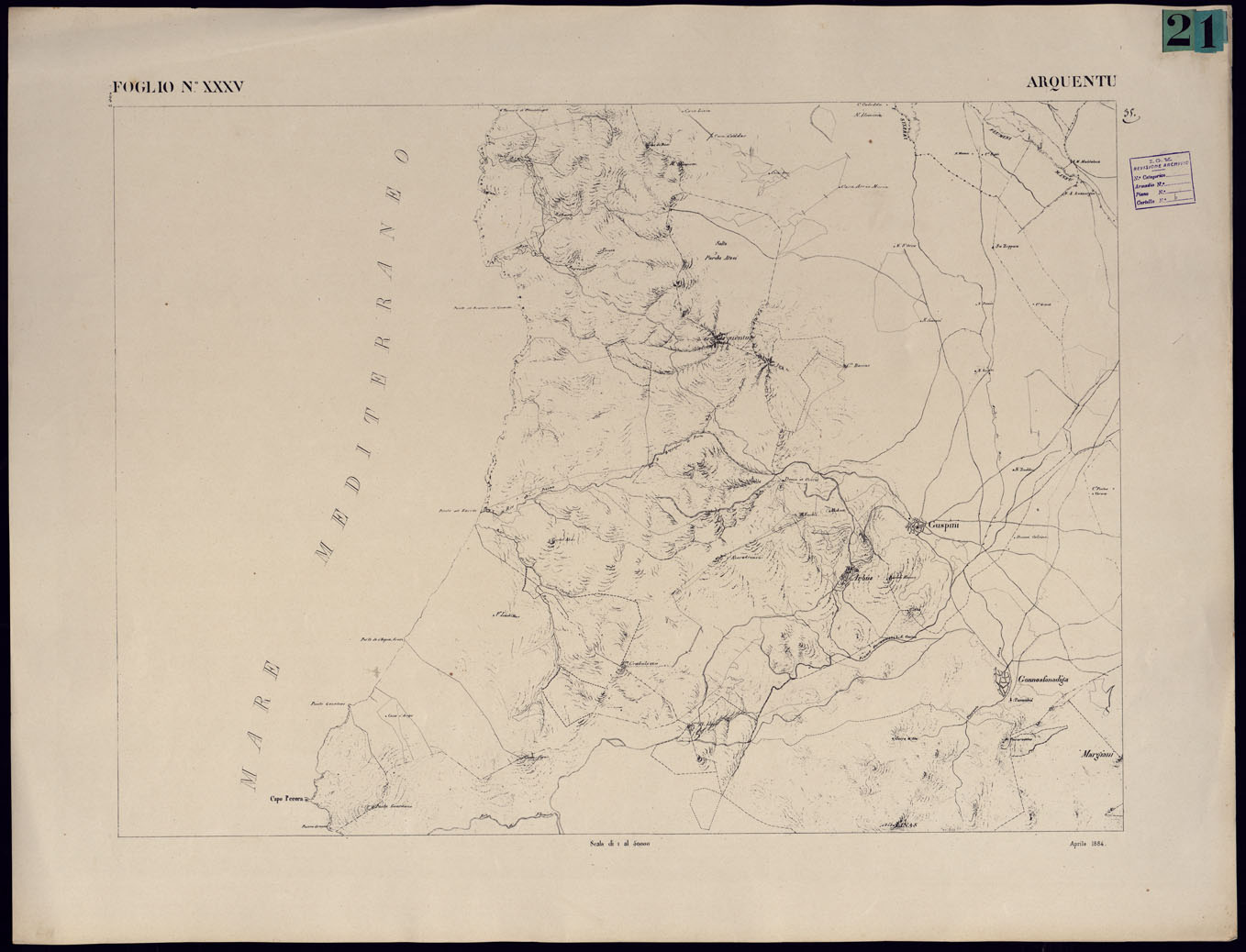 (N:23095) ATLANTE DELL'ISOLA DI SARDEGNA - FOGLIO XXXV ARQUENTU. (CA000733) Carte e stampe antiche: riproduzione a colori su carta (formato A1)