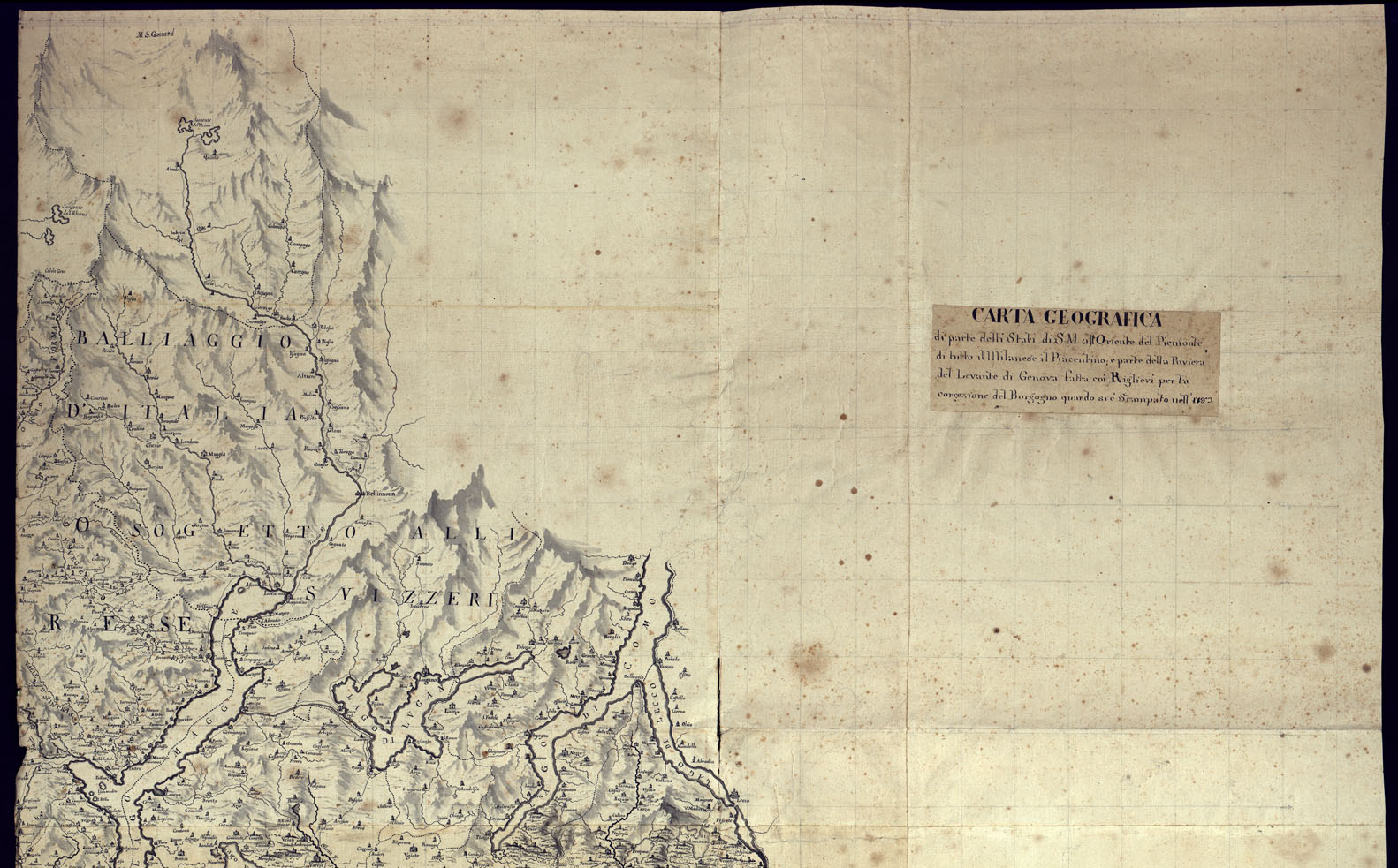 (N:8301) CARTA GEOGRAFICA DI PARTE DELLI STATI DI S.M. ALL'ORIENTE DEL PIEMONTE, DI TUTTO IL MILANESE IL PIACENTINO; E PARTE DELLA RIVIERA DEL LEVANTE DI GENOVA FATTA COI RIGLIEVI PER LA CORREZIONE DEL BORGOGNO QUANDO SI E' STAMPATO NELL'1783. (CA001003, CA001004, CA001005) Carte e stampe antiche: riproduzione a colori su carta (formato A1)