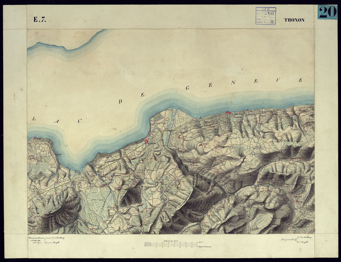(N:12987) CARTA TOPOGRAFICA DEGLI STATI DI TERRA FERMA DI S.S.R.M. CARLO ALBERTO RE DI SARDEGNA FATTA DAL CORPO DELLO STATO MAGGIORE COMANDATO DAL TEN.TE GEN.LE B.NE DI MONTHOUX ALLA SCALA DI 1 50.000 1831 - FOGLIO E.7 THONON. (CA001008) Carte e stampe antiche: riproduzione a colori su carta (formato A1)