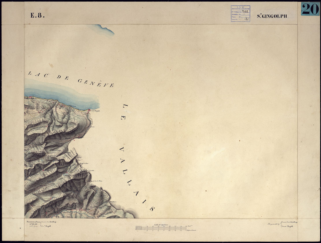 (N:12964) CARTA TOPOGRAFICA DEGLI STATI DI TERRA FERMA DI S.S.R.M. CARLO ALBERTO RE DI SARDEGNA FATTA DAL CORPO DELLO STATO MAGGIORE COMANDATO DAL TEN.TE GEN.LE B.NE DI MONTHOUX ALLA SCALA DI 1 50.000 1831 - FOGLIO E.8 S. GINGOLPH. (CA001009) Carte e stampe antiche: riproduzione a colori su carta (formato A1)
