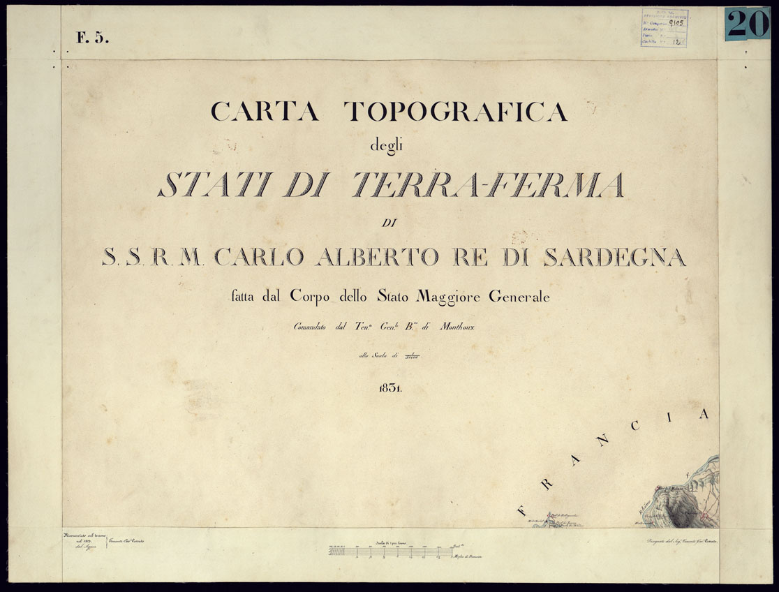 (N:12924) CARTA TOPOGRAFICA DEGLI STATI DI TERRA FERMA DI S.S.R.M. CARLO ALBERTO RE DI SARDEGNA FATTA DAL CORPO DELLO STATO MAGGIORE COMANDATO DAL TEN.TE GEN.LE B.NE DI MONTHOUX ALLA SCALA DI 1 50.000 1831 - FOGLIO 5 TITOLO. (CA001011) Carte e stampe antiche: riproduzione a colori su carta (formato A1)