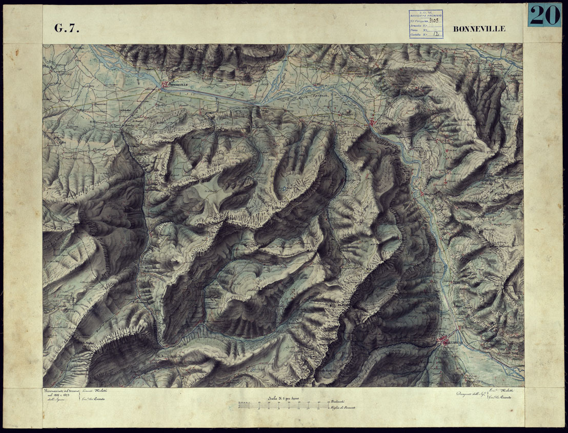 (N:12894) CARTA TOPOGRAFICA DEGLI STATI DI TERRA FERMA DI S.S.R.M. CARLO ALBERTO RE DI SARDEGNA FATTA DAL CORPO DELLO STATO MAGGIORE COMANDATO DAL TEN.TE GEN.LE B.NE DI MONTHOUX ALLA SCALA DI 1 50.000 1831 - FOGLIO G.7 BONNEVILLE. (CA001020) Carte e stampe antiche: riproduzione a colori su carta (formato A1)