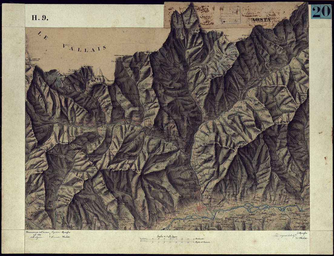 (N:12861) CARTA TOPOGRAFICA DEGLI STATI DI TERRA FERMA DI S.S.R.M. CARLO ALBERTO RE DI SARDEGNA FATTA DAL CORPO DELLO STATO MAGGIORE COMANDATO DAL TEN.TE GEN.LE B.NE DI MONTHOUX ALLA SCALA DI 1 50.000 1831 - FOGLIO H.9 AOSTA. (CA001030) Carte e stampe antiche: riproduzione a colori su carta (formato A1)