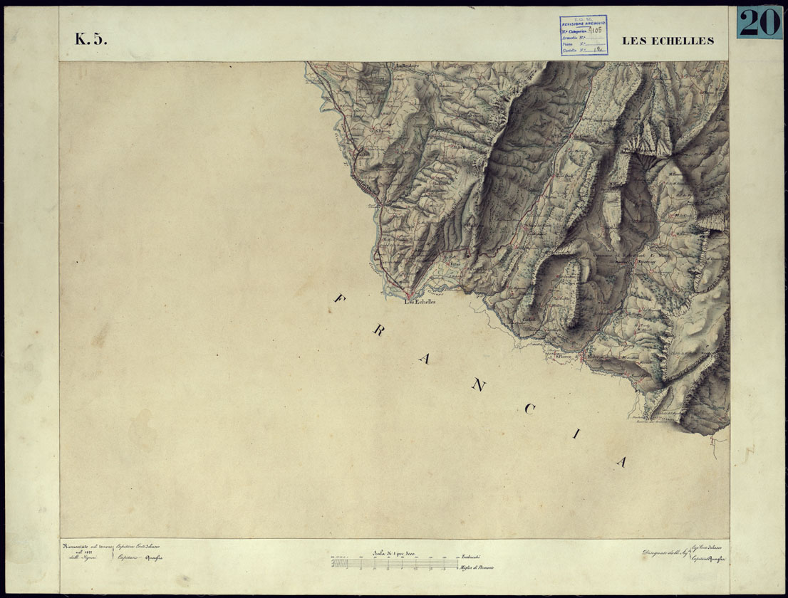 (N:12631) CARTA TOPOGRAFICA DEGLI STATI DI TERRA FERMA DI S.S.R.M. CARLO ALBERTO RE DI SARDEGNA FATTA DAL CORPO DELLO STATO MAGGIORE COMANDATO DAL TEN.TE GEN.LE B.NE DI MONTHOUX ALLA SCALA DI 1 50.000 1831 - FOGLIO K.5  LES ECHELLES. (CA001044) Carte e stampe antiche: riproduzione a colori su carta (formato A1)