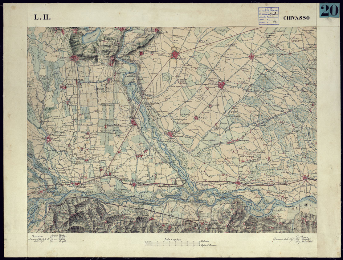 (N:11794) CARTA TOPOGRAFICA DEGLI STATI DI TERRA FERMA DI S.S.R.M. CARLO ALBERTO RE DI SARDEGNA FATTA DAL CORPO DELLO STATO MAGGIORE COMANDATO DAL TEN.TE GEN.LE B.NE DI MONTHOUX ALLA SCALA DI 1 50.000 1831 - FOGLIO L.11 CHIVASSO. (CA001059) Carte e stampe antiche: riproduzione a colori su carta (formato A1)