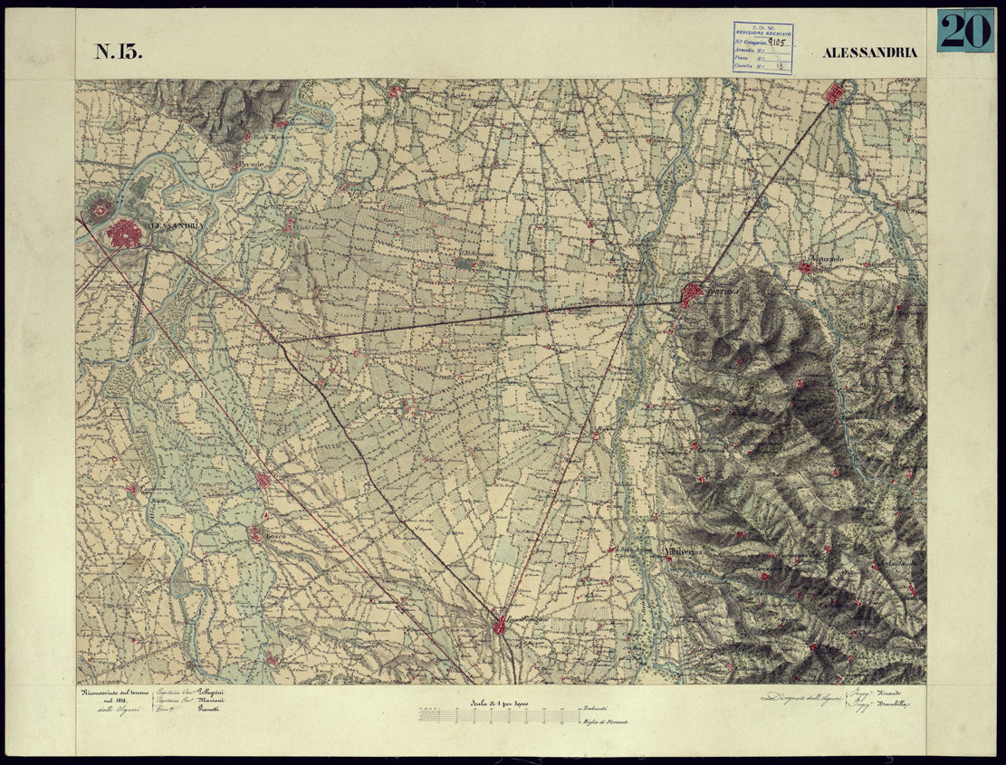 (N:11451) CARTA TOPOGRAFICA DEGLI STATI DI TERRA FERMA DI S.S.R.M. CARLO ALBERTO RE DI SARDEGNA FATTA DAL CORPO DELLO STATO MAGGIORE COMANDATO DAL TEN.TE GEN.LE B.NE DI MONTHOUX ALLA SCALA DI 1 50.000 1831 - FOGLIO N.13 ALESSANDRIA. (CA001079) Carte e stampe antiche: riproduzione a colori su carta (formato A1)
