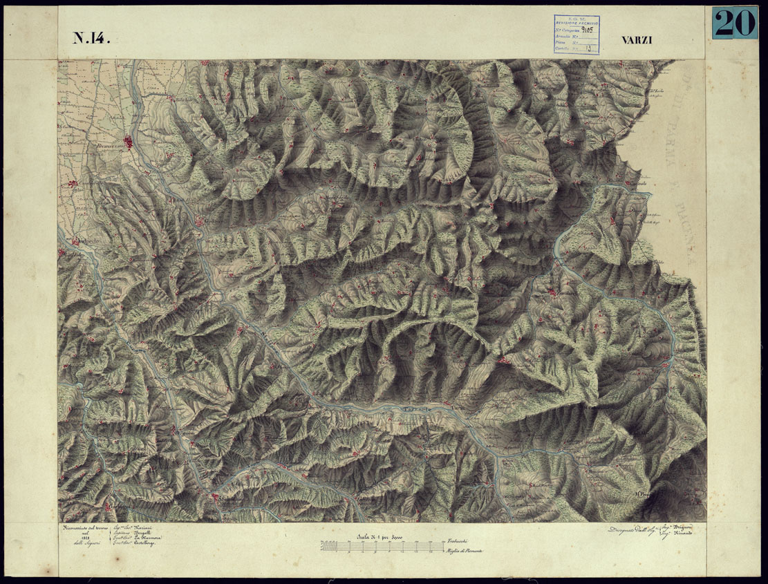 (N:11445) CARTA TOPOGRAFICA DEGLI STATI DI TERRA FERMA DI S.S.R.M. CARLO ALBERTO RE DI SARDEGNA FATTA DAL CORPO DELLO STATO MAGGIORE COMANDATO DAL TEN.TE GEN.LE B.NE DI MONTHOUX ALLA SCALA DI 1 50.000 1831 - FOGLIO N.14 VARZI. (CA001080) Carte e stampe antiche: riproduzione a colori su carta (formato A1)