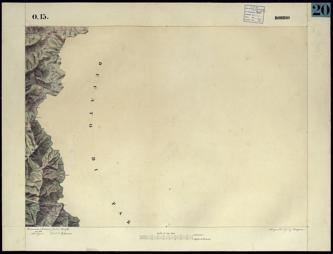 (N:11424) CARTA TOPOGRAFICA DEGLI STATI DI TERRA FERMA DI S.S.R.M. CARLO ALBERTO RE DI SARDEGNA FATTA DAL CORPO DELLO STATO MAGGIORE COMANDATO DAL TEN.TE GEN.LE B.NE DI MONTHOUX ALLA SCALA DI 1 50.000 1831 - FOGLIO O.15 BOBBIO. (CA001089) Carte e stampe antiche: riproduzione a colori su carta (formato A1)