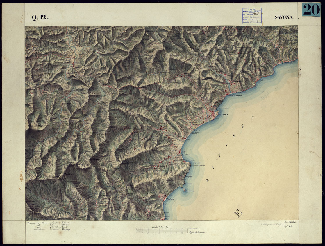 (N:11208) CARTA TOPOGRAFICA DEGLI STATI DI TERRA FERMA DI S.S.R.M. CARLO ALBERTO RE DI SARDEGNA FATTA DAL CORPO DELLO STATO MAGGIORE COMANDATO DAL TEN.TE GEN.LE B.NE DI MONTHOUX ALLA SCALA DI 1 50.000 1831 - FOGLIO Q.I2 SAVONA. (CA001102) Carte e stampe antiche: riproduzione a colori su carta (formato A1)