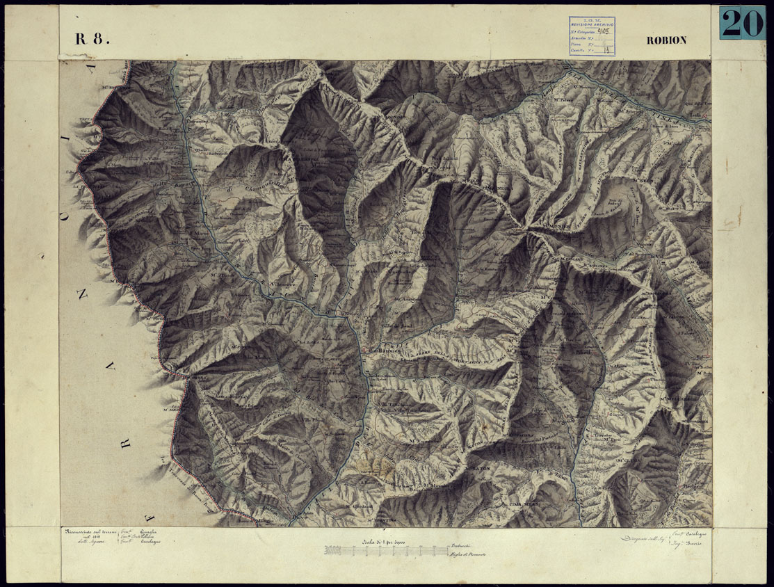 (N:11191) CARTA TOPOGRAFICA DEGLI STATI DI TERRA FERMA DI S.S.R.M. CARLO ALBERTO RE DI SARDEGNA FATTA DAL CORPO DELLO STATO MAGGIORE COMANDATO DAL TEN.TE GEN.LE B.NE DI MONTHOUX ALLA SCALA DI 1 50.000 1831 - FOGLIO R.8 ROBION. (CA001107) Carte e stampe antiche: riproduzione a colori su carta (formato A1)