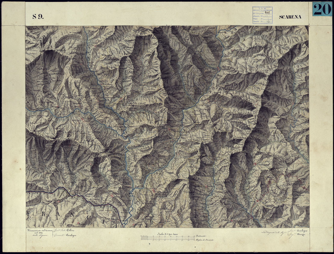 (N:11062) CARTA TOPOGRAFICA DEGLI STATI DI TERRA FERMA DI S.S.R.M. CARLO ALBERTO RE DI SARDEGNA FATTA DAL CORPO DELLO STATO MAGGIORE COMANDATO DAL TEN.TE GEN.LE B.NE DI MONTHOUX ALLA SCALA DI 1 50.000 1831 - FOGLIO S.9 SCARENA. (CA001115) Carte e stampe antiche: riproduzione a colori su carta (formato A1)