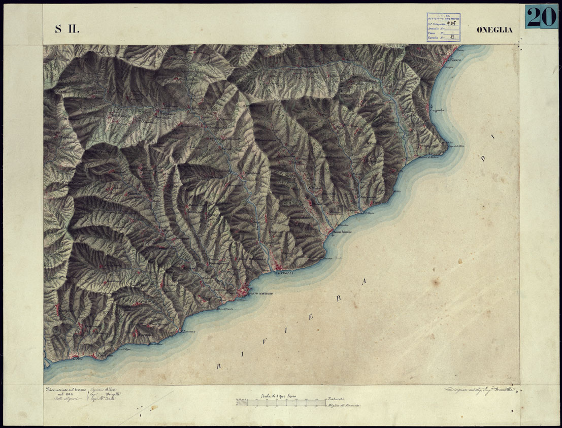 (N:11043) CARTA TOPOGRAFICA DEGLI STATI DI TERRA FERMA DI S.S.R.M. CARLO ALBERTO RE DI SARDEGNA FATTA DAL CORPO DELLO STATO MAGGIORE COMANDATO DAL TEN.TE GEN.LE B.NE DI MONTHOUX ALLA SCALA DI 1 50.000 1831 - FOGLIO S.11 ONEGLIA. (CA001117) Carte e stampe antiche: riproduzione a colori su carta (formato A1)