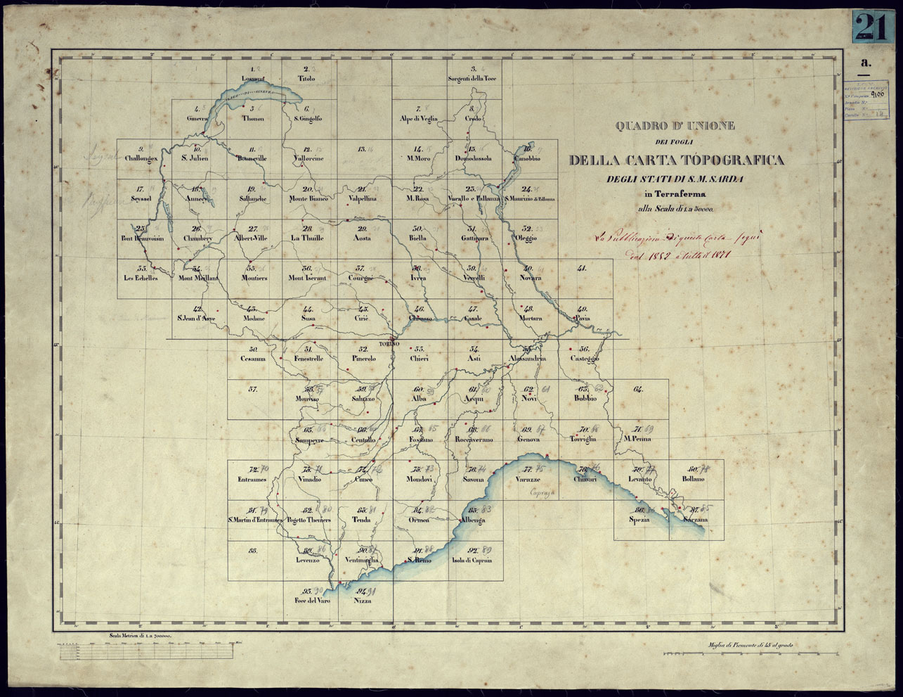 (N:23176) CARTA TOPOGRAFICA DEGLI STATI IN TERRAFERMA DI S.M. IL RE DI SARDEGNA ALLA SCALA DI 1 A 50.000 OPERA DEL CORPO REALE DELLO STATO MAGGIORE - QUADRO D'UNIONE (CA001121) Carte e stampe antiche: riproduzione a colori su carta (formato A1)
