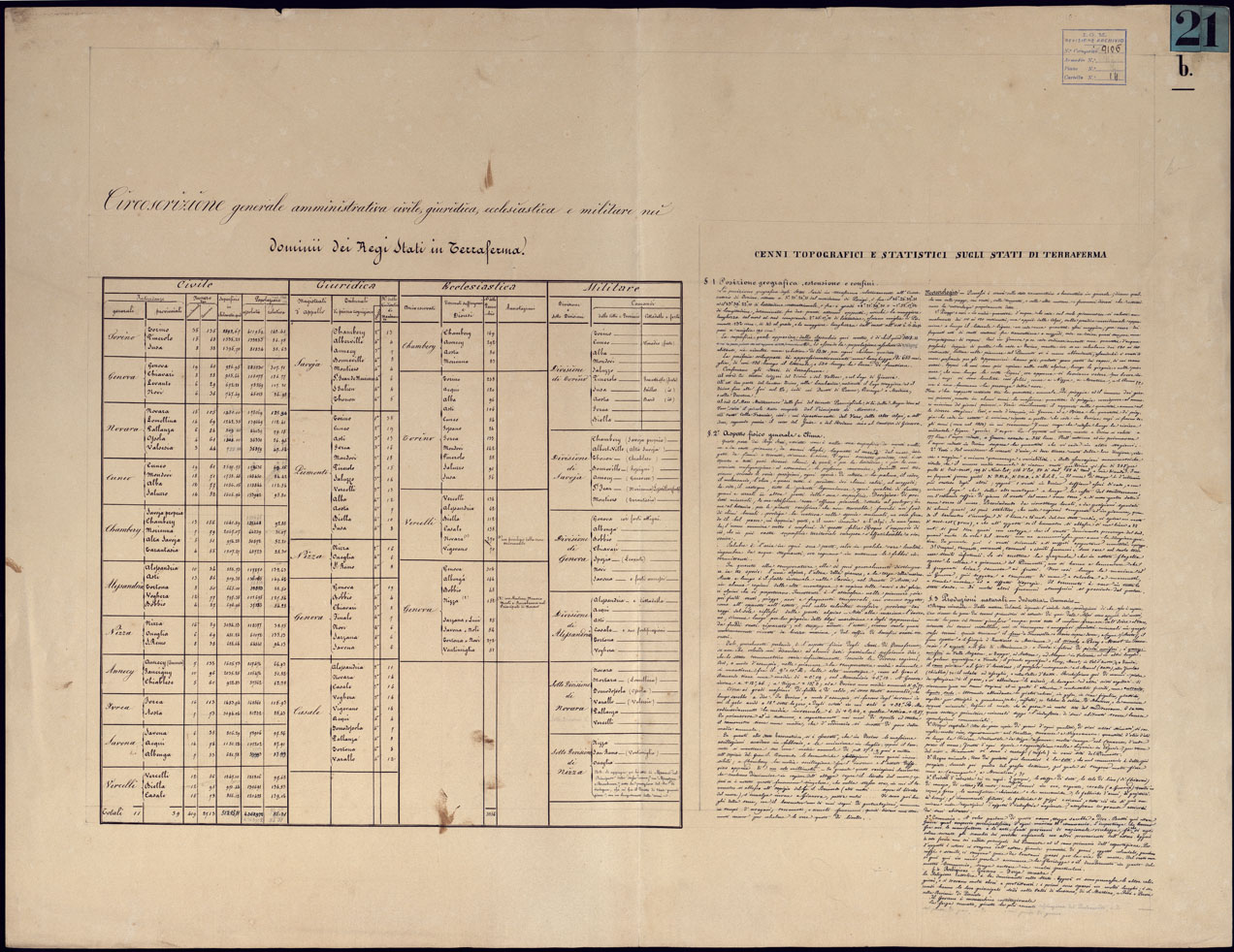 (N:23177) CARTA TOPOGRAFICA DEGLI STATI IN TERRAFERMA DI S.M. IL RE DI SARDEGNA ALLA SCALA DI 1 A 50.000 OPERA DEL CORPO REALE DELLO STATO MAGGIORE - CENNI STORICI E STATISTICI SUGLI STATI DI TERRAFERMA (CA001122) Carte e stampe antiche: riproduzione a colori su carta (formato A1)