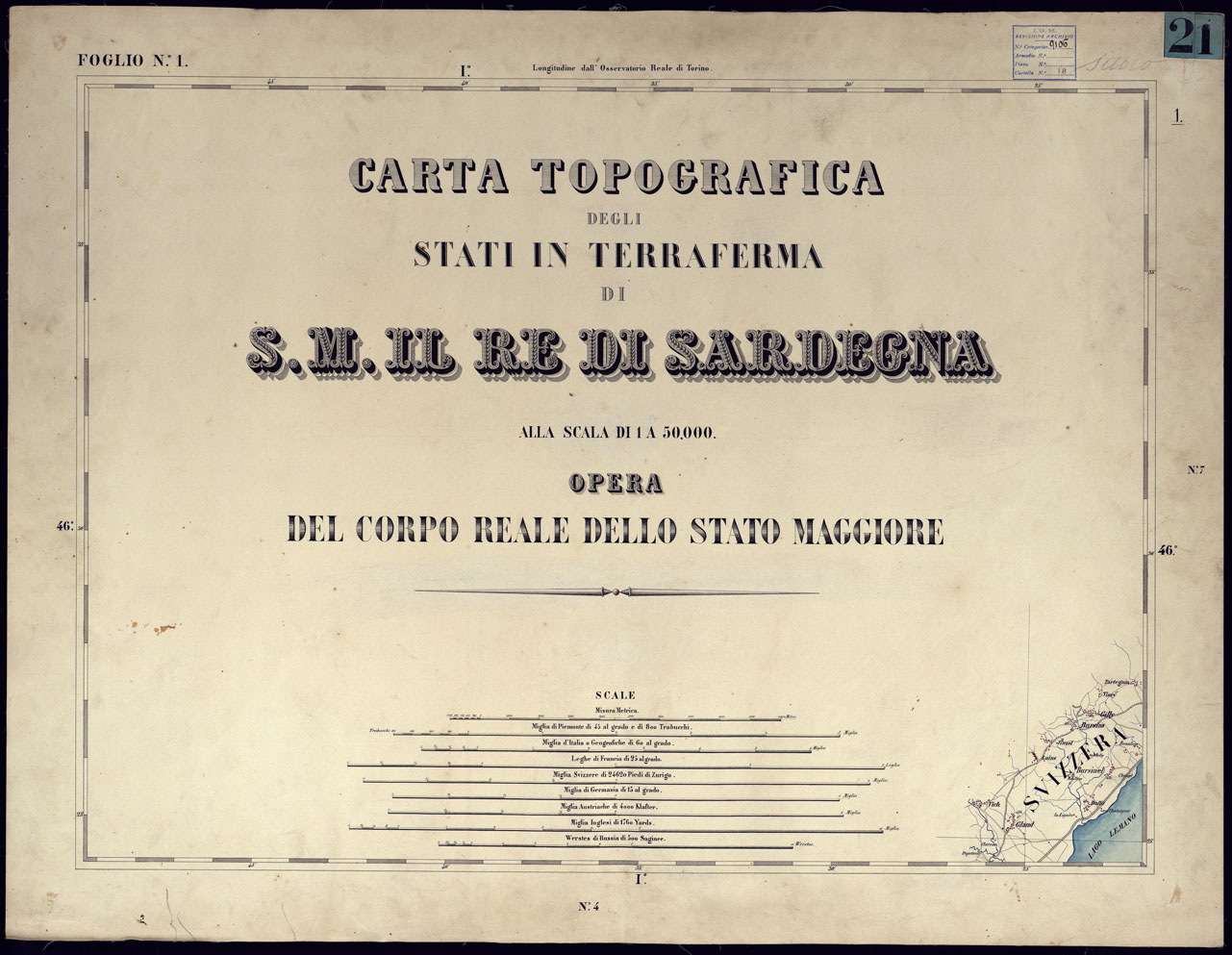 (N:23178) CARTA TOPOGRAFICA DEGLI STATI IN TERRAFERMA DI S.M. IL RE DI SARDEGNA ALLA SCALA DI 1 A 50.000 OPERA DEL CORPO REALE DELLO STATO MAGGIORE - FOGLIO NI (CA001123) Carte e stampe antiche: riproduzione a colori su carta (formato A1)