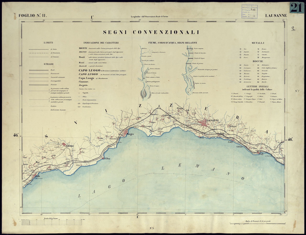 (N:23180) CARTA TOPOGRAFICA DEGLI STATI IN TERRAFERMA DI S.M. IL RE DI SARDEGNA ALLA SCALA DI 1 A 50.000 OPERA DEL CORPO REALE DELLO STATO MAGGIORE - FOGLIO NII LAUSANNE + SEGNI CONVENZIONALI (CA001125) Carte e stampe antiche: riproduzione a colori su carta (formato A1)