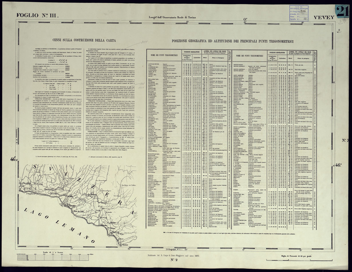 (N:23182) CARTA TOPOGRAFICA DEGLI STATI IN TERRAFERMA DI S.M. IL RE DI SARDEGNA ALLA SCALA DI 1 A 50.000 OPERA DEL CORPO REALE DELLO STATO MAGGIORE - FOGLIO NIII - VEVEY + CENNI SULLA COSTR. DELLA CARTA POSIZ. GEOGR.  ALTITUDINE DEI PRINCIPALI TRIGONOMETRICI (CA001126) Carte e stampe antiche: riproduzione a colori su carta (formato A1)