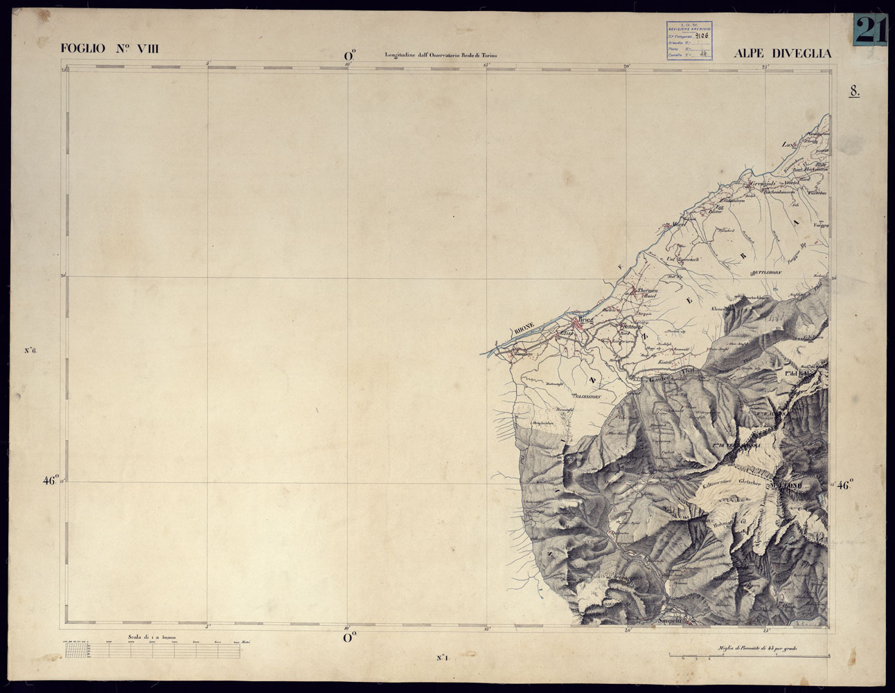 (N:23189) CARTA TOPOGRAFICA DEGLI STATI IN TERRAFERMA DI S.M. IL RE DI SARDEGNA ALLA SCALA DI 1 A 50.000 OPERA DEL CORPO REALE DELLO STATO MAGGIORE - FOGLIO NVIII ALPE DIVEGLIA (CA001132) Carte e stampe antiche: riproduzione a colori su carta (formato A1)