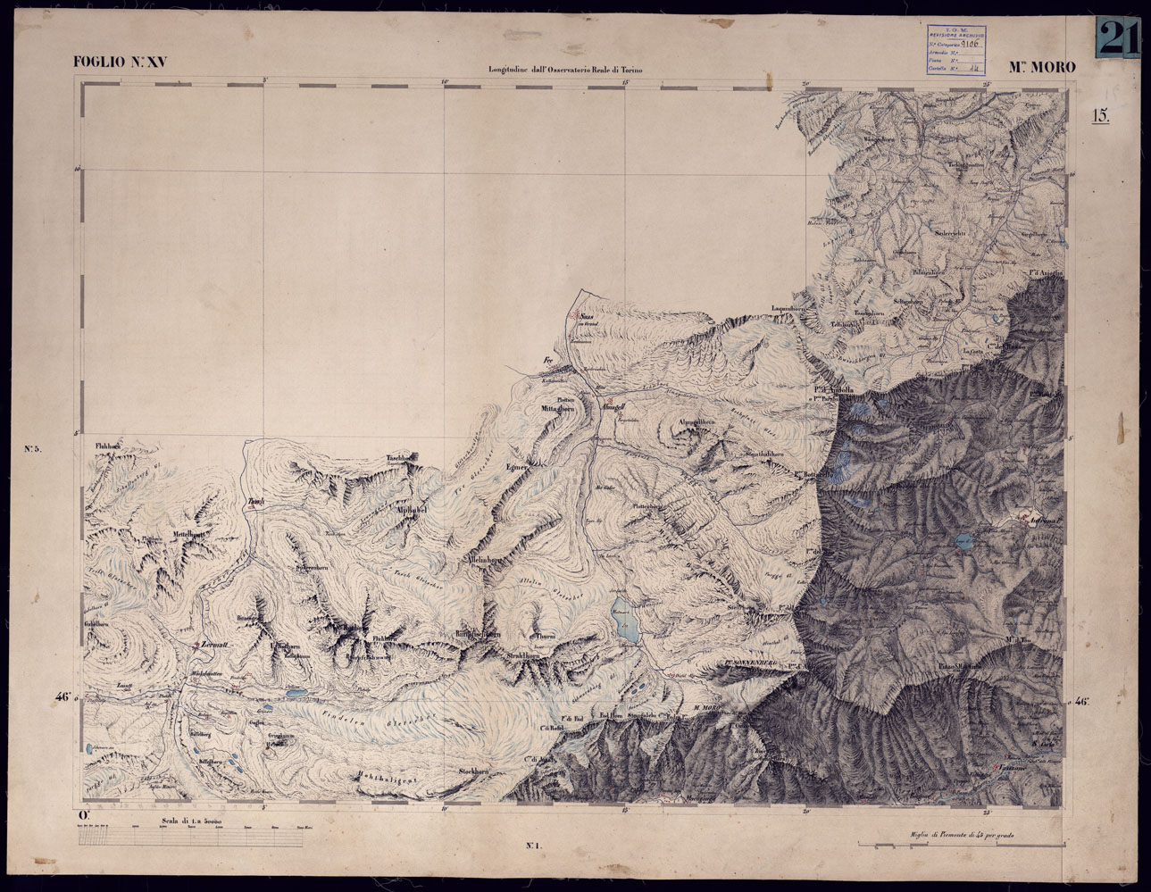 (N:23196) CARTA TOPOGRAFICA DEGLI STATI IN TERRAFERMA DI S.M. IL RE DI SARDEGNA ALLA SCALA DI 1 A 50.000 OPERA DEL CORPO REALE DELLO STATO MAGGIORE - FOGLIO NXV  M. MORO (CA001139) Carte e stampe antiche: riproduzione a colori su carta (formato A1)