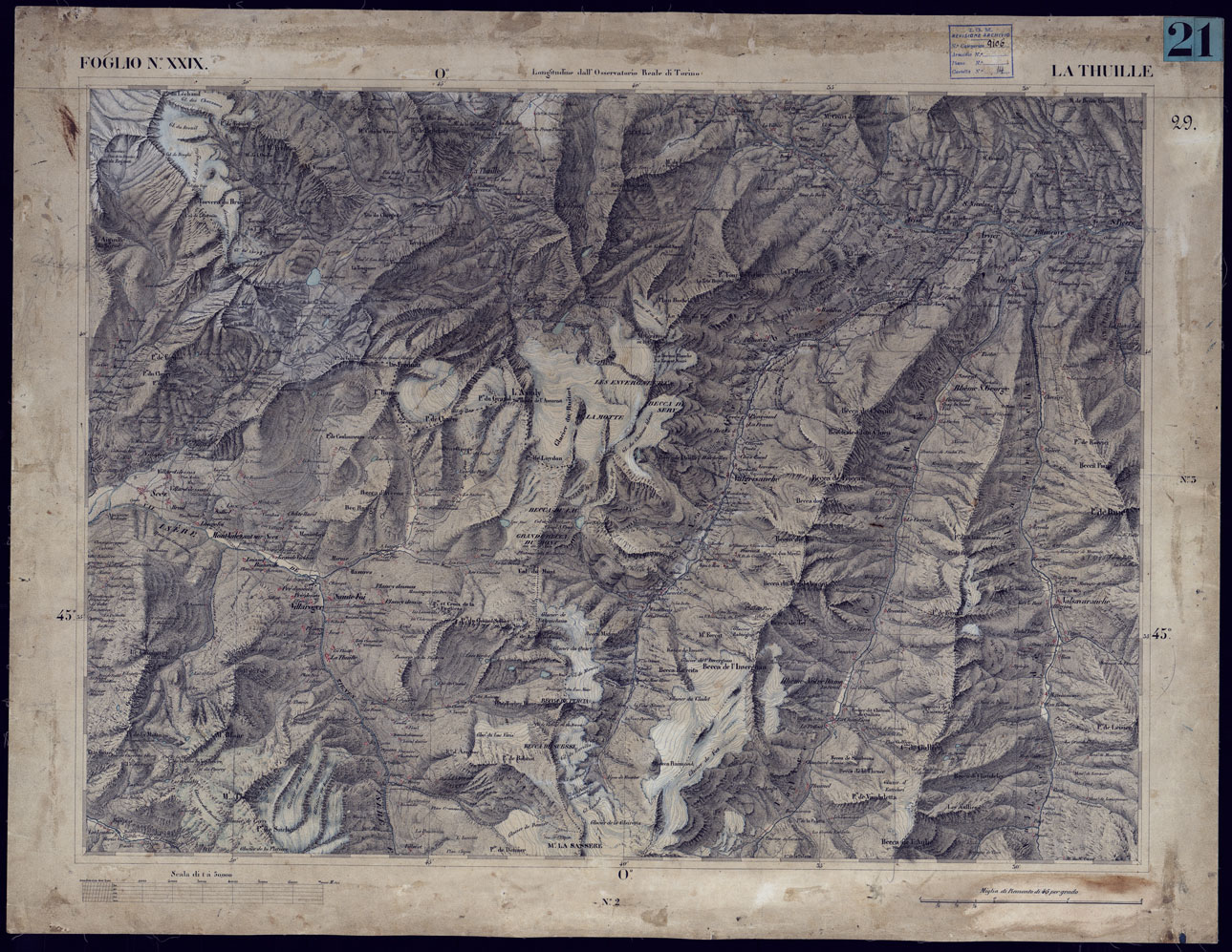 (N:23211) CARTA TOPOGRAFICA DEGLI STATI IN TERRAFERMA DI S.M. IL RE DI SARDEGNA ALLA SCALA DI 1 A 50.000 OPERA DEL CORPO REALE DELLO STATO MAGGIORE - FOGLIO NXXIX  LA THUILLE (CA001154) Carte e stampe antiche: riproduzione a colori su carta (formato A1)