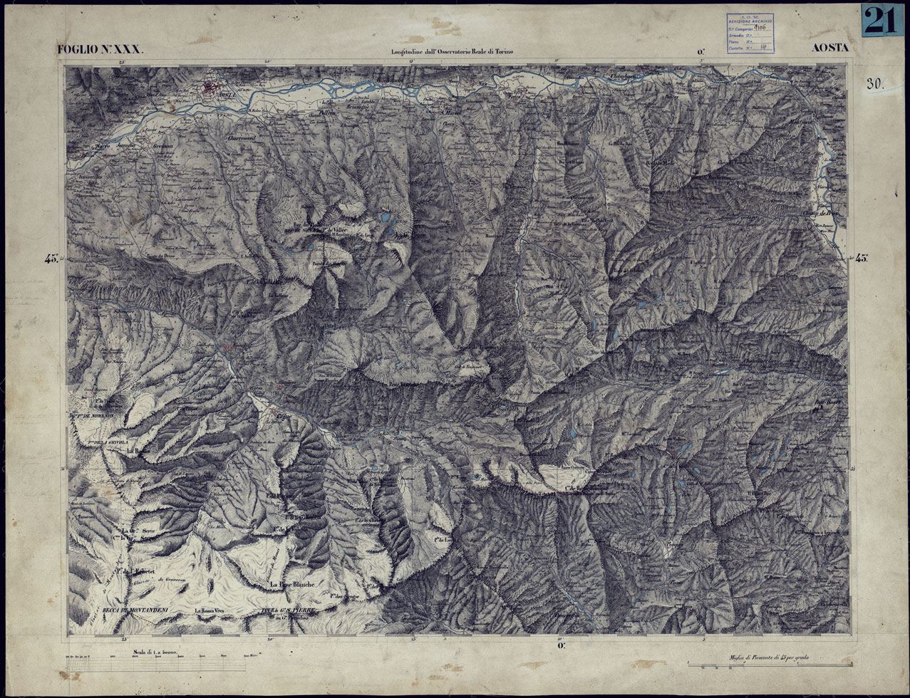 (N:23212) CARTA TOPOGRAFICA DEGLI STATI IN TERRAFERMA DI S.M. IL RE DI SARDEGNA ALLA SCALA DI 1 A 50.000 OPERA DEL CORPO REALE DELLO STATO MAGGIORE - FOGLIO NXXX AOSTA (CA001155) Carte e stampe antiche: riproduzione a colori su carta (formato A1)