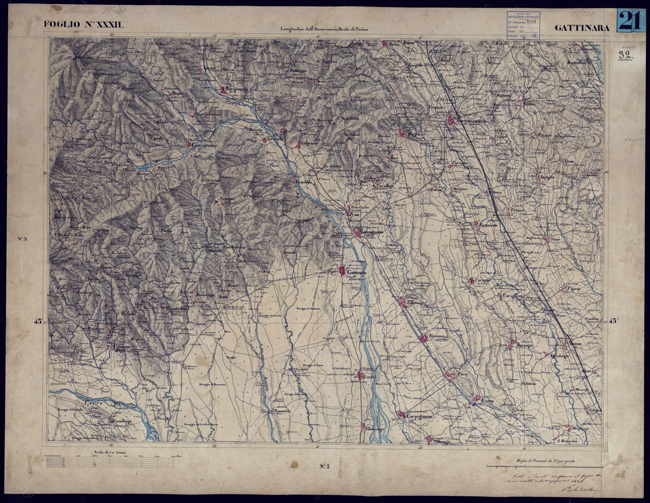 (N:23214) CARTA TOPOGRAFICA DEGLI STATI IN TERRAFERMA DI S.M. IL RE DI SARDEGNA ALLA SCALA DI 1 A 50.000 OPERA DEL CORPO REALE DELLO STATO MAGGIORE - FOGLIO NXXXII GATTINARA (CA001157) Carte e stampe antiche: riproduzione a colori su carta (formato A1)