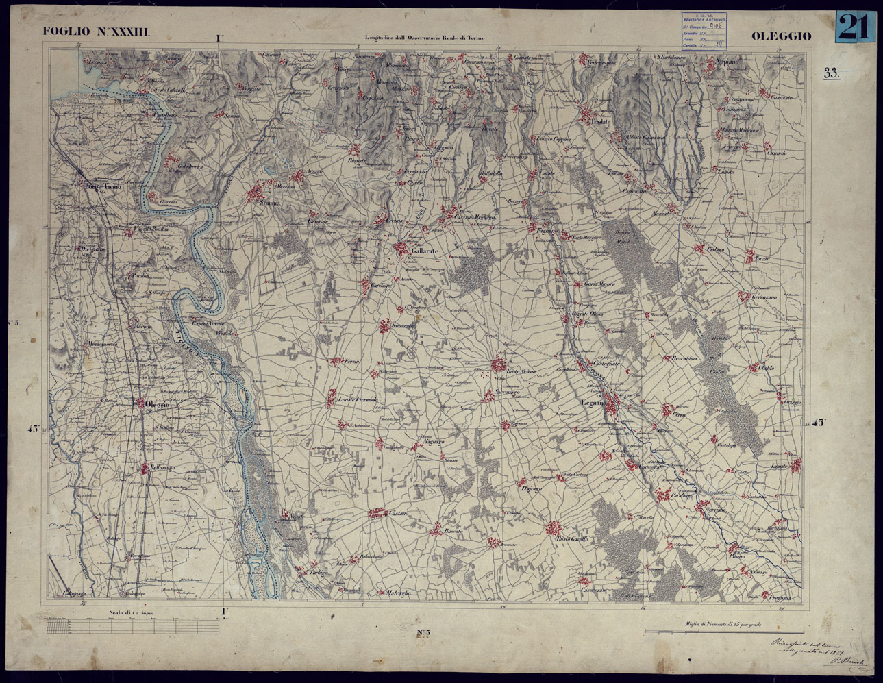 (N:23215) CARTA TOPOGRAFICA DEGLI STATI IN TERRAFERMA DI S.M. IL RE DI SARDEGNA ALLA SCALA DI 1 A 50.000 OPERA DEL CORPO REALE DELLO STATO MAGGIORE - FOGLIO NXXXII OLEGGIO (CA001158) Carte e stampe antiche: riproduzione a colori su carta (formato A1)