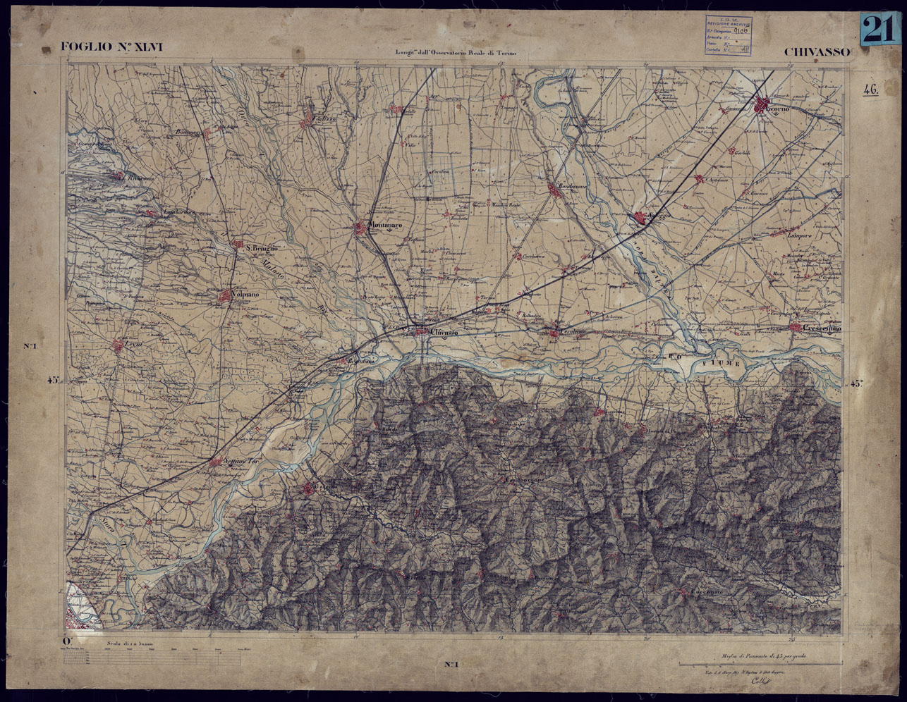 (N:23239) CARTA TOPOGRAFICA DEGLI STATI IN TERRAFERMA DI S.M. IL RE DI SARDEGNA ALLA SCALA DI 1 A 50.000 OPERA DEL CORPO REALE DELLO STATO MAGGIORE - FOGLIO N XLVI CHIVASSO (CA001172) Carte e stampe antiche: riproduzione a colori su carta (formato A1)