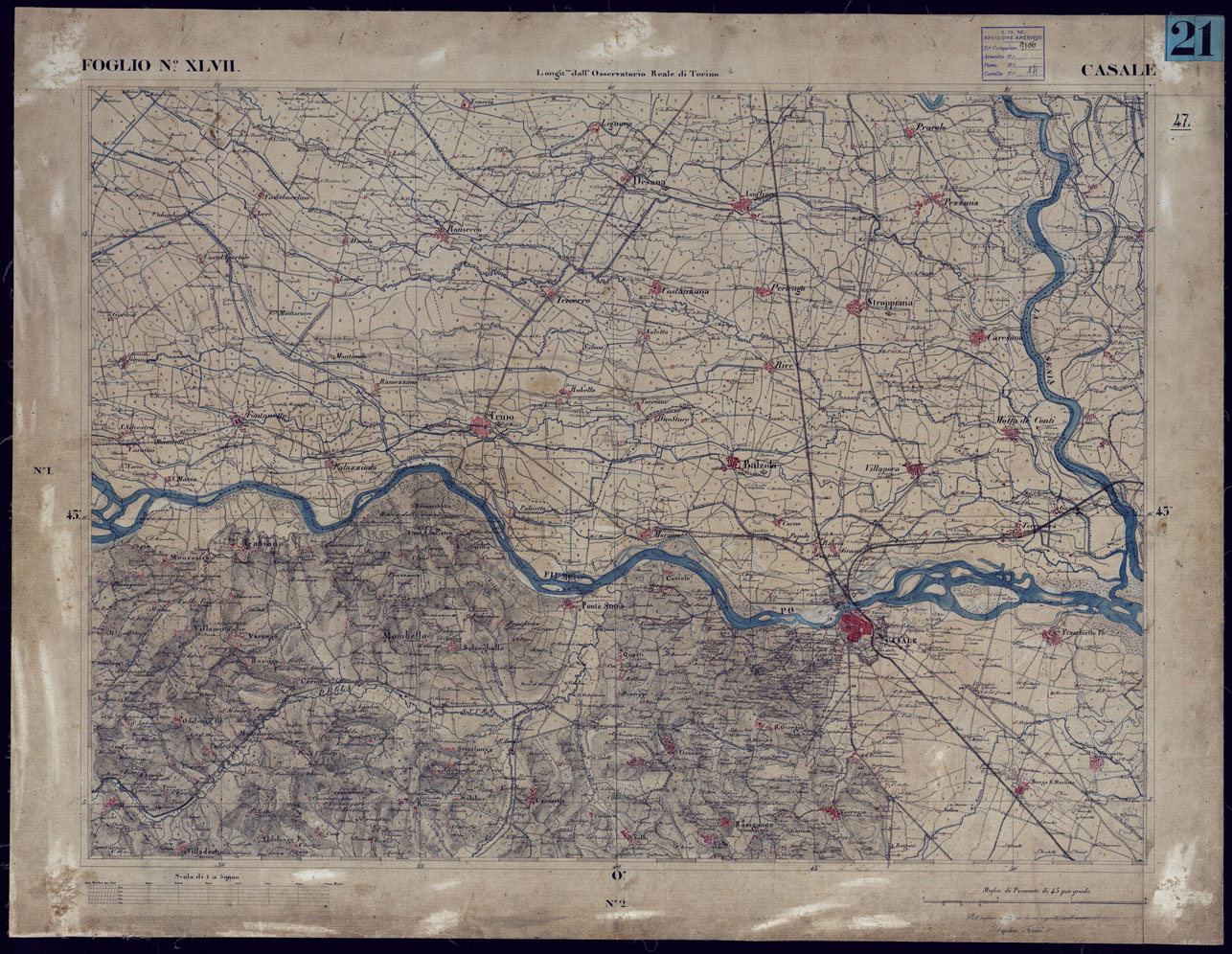 (N:23240) CARTA TOPOGRAFICA DEGLI STATI IN TERRAFERMA DI S.M. IL RE DI SARDEGNA ALLA SCALA DI 1 A 50.000 OPERA DEL CORPO REALE DELLO STATO MAGGIORE - FOGLIO NXLVII CASALE (CA001173) Carte e stampe antiche: riproduzione a colori su carta (formato A1)