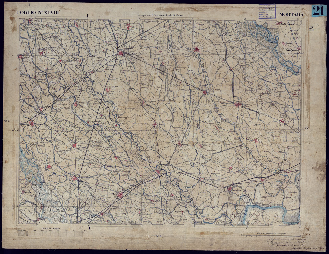 (N:23241) CARTA TOPOGRAFICA DEGLI STATI IN TERRAFERMA DI S.M. IL RE DI SARDEGNA ALLA SCALA DI 1 A 50.000 OPERA DEL CORPO REALE DELLO STATO MAGGIORE - FOGLIO NXLVIII MORTARA (CA001174) Carte e stampe antiche: riproduzione a colori su carta (formato A1)