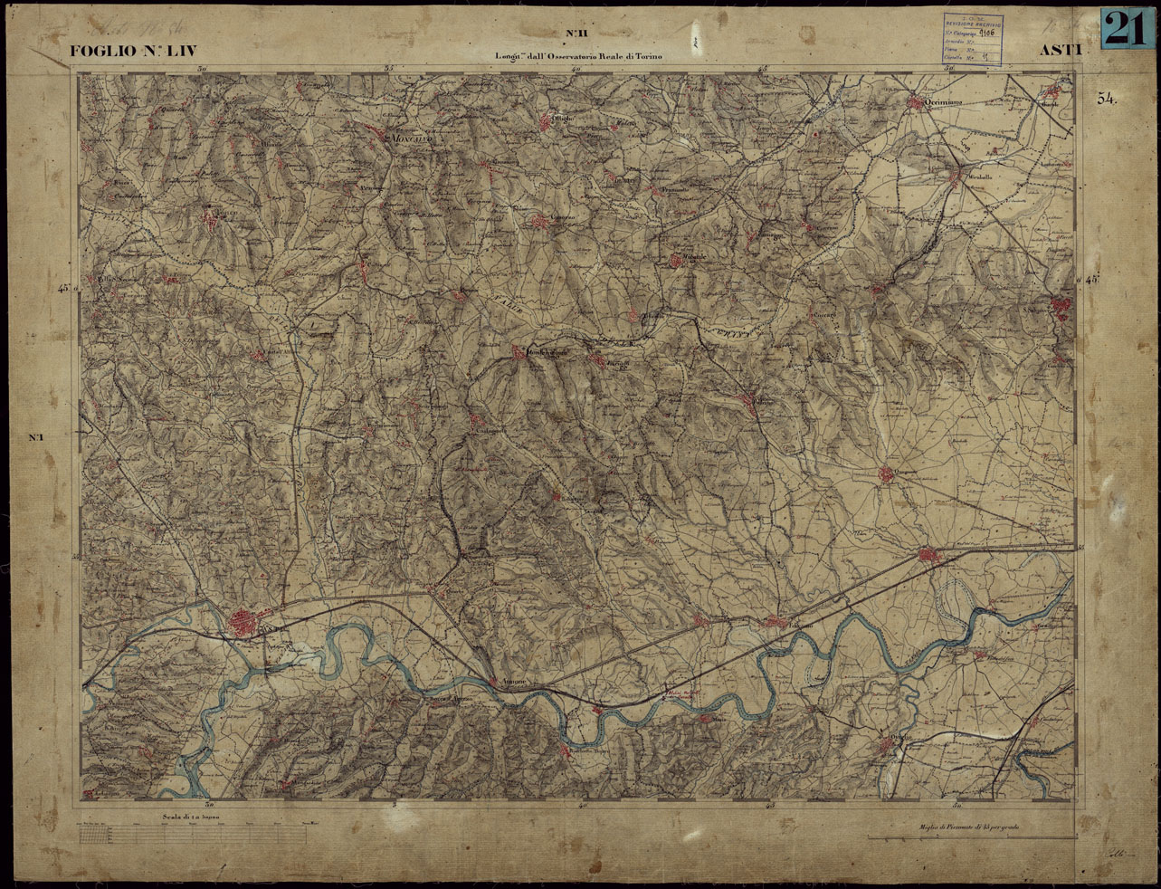 (N:23247) CARTA TOPOGRAFICA DEGLI STATI IN TERRAFERMA DI S.M. IL RE DI SARDEGNA ALLA SCALA DI 1 A 50.000 OPERA DEL CORPO REALE DELLO STATO MAGGIORE - FOGLIO NLIV ASTI (CA001180) Carte e stampe antiche: riproduzione a colori su carta (formato A1)