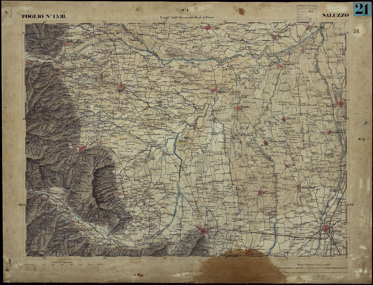(N:23251) CARTA TOPOGRAFICA DEGLI STATI IN TERRAFERMA DI S.M. IL RE DI SARDEGNA ALLA SCALA DI 1 A 50.000 OPERA DEL CORPO REALE DELLO STATO MAGGIORE - FOGLIO NLVIII SALUZZO (CA001184) Carte e stampe antiche: riproduzione a colori su carta (formato A1)