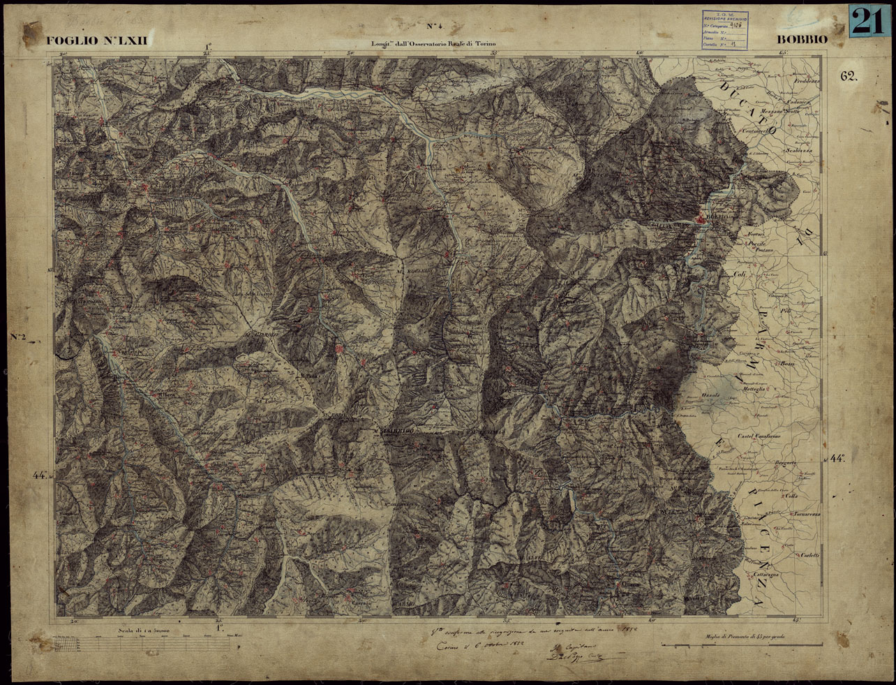 (N:23255) CARTA TOPOGRAFICA DEGLI STATI IN TERRAFERMA DI S.M. IL RE DI SARDEGNA ALLA SCALA DI 1 A 50.000 OPERA DEL CORPO REALE DELLO STATO MAGGIORE - FOGLIO NLXII BOBBIO (CA001188) Carte e stampe antiche: riproduzione a colori su carta (formato A1)